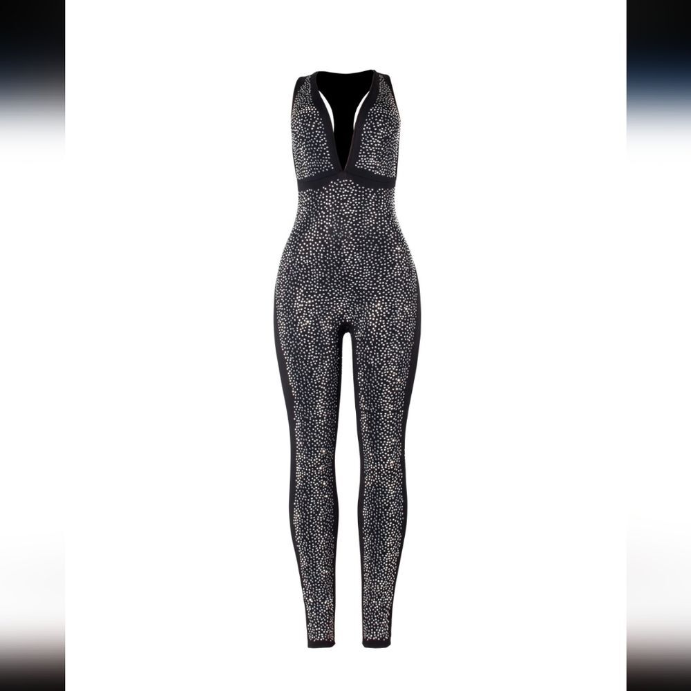Deep V Neck Rhinestone Jumpsuit